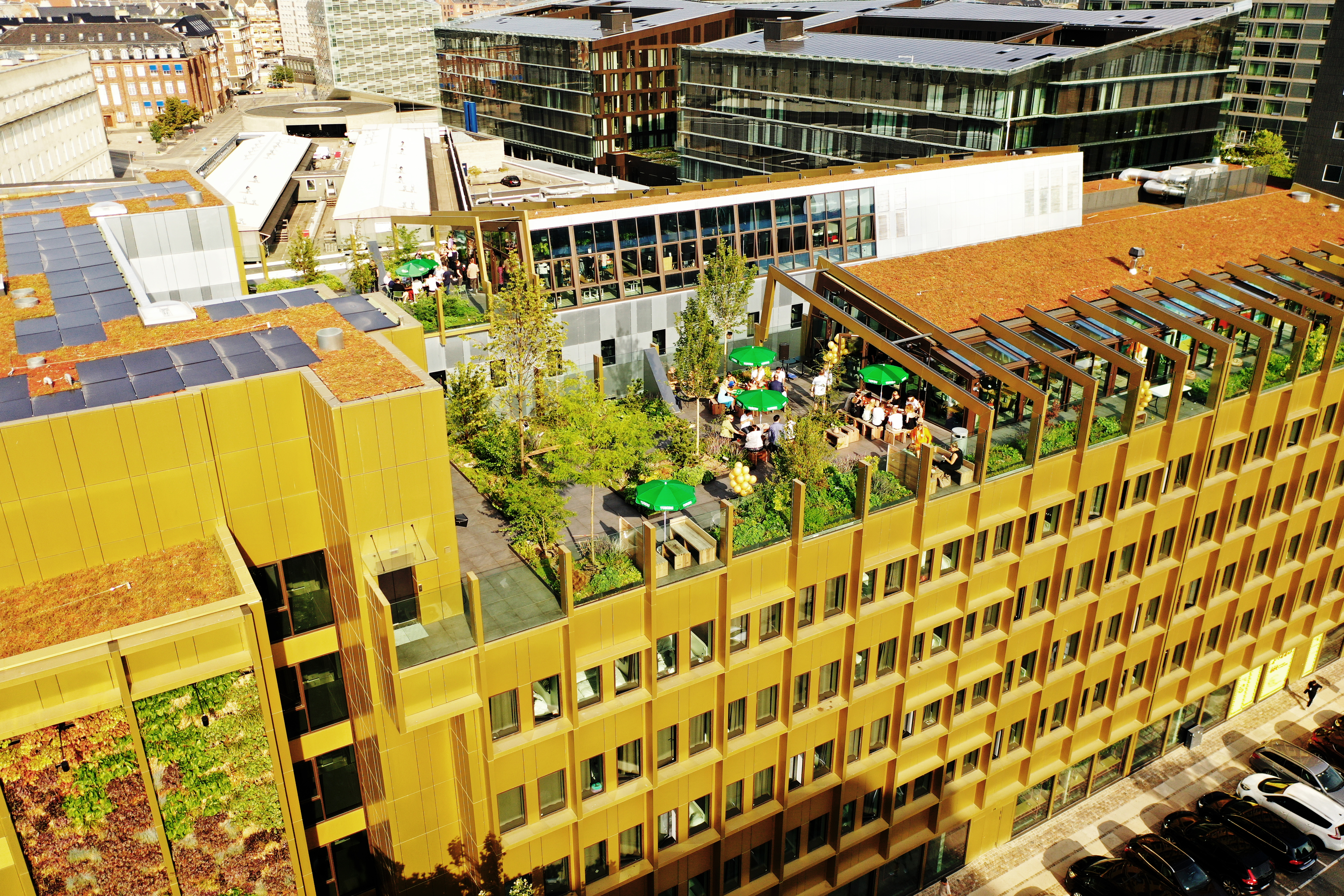 Aerial view of a modern urban rooftop with greenery and people sitting at tables with green umbrellas. Surrounding buildings are visible, featuring solar panels and glass facades. The scene conveys a vibrant and eco-friendly atmosphere.