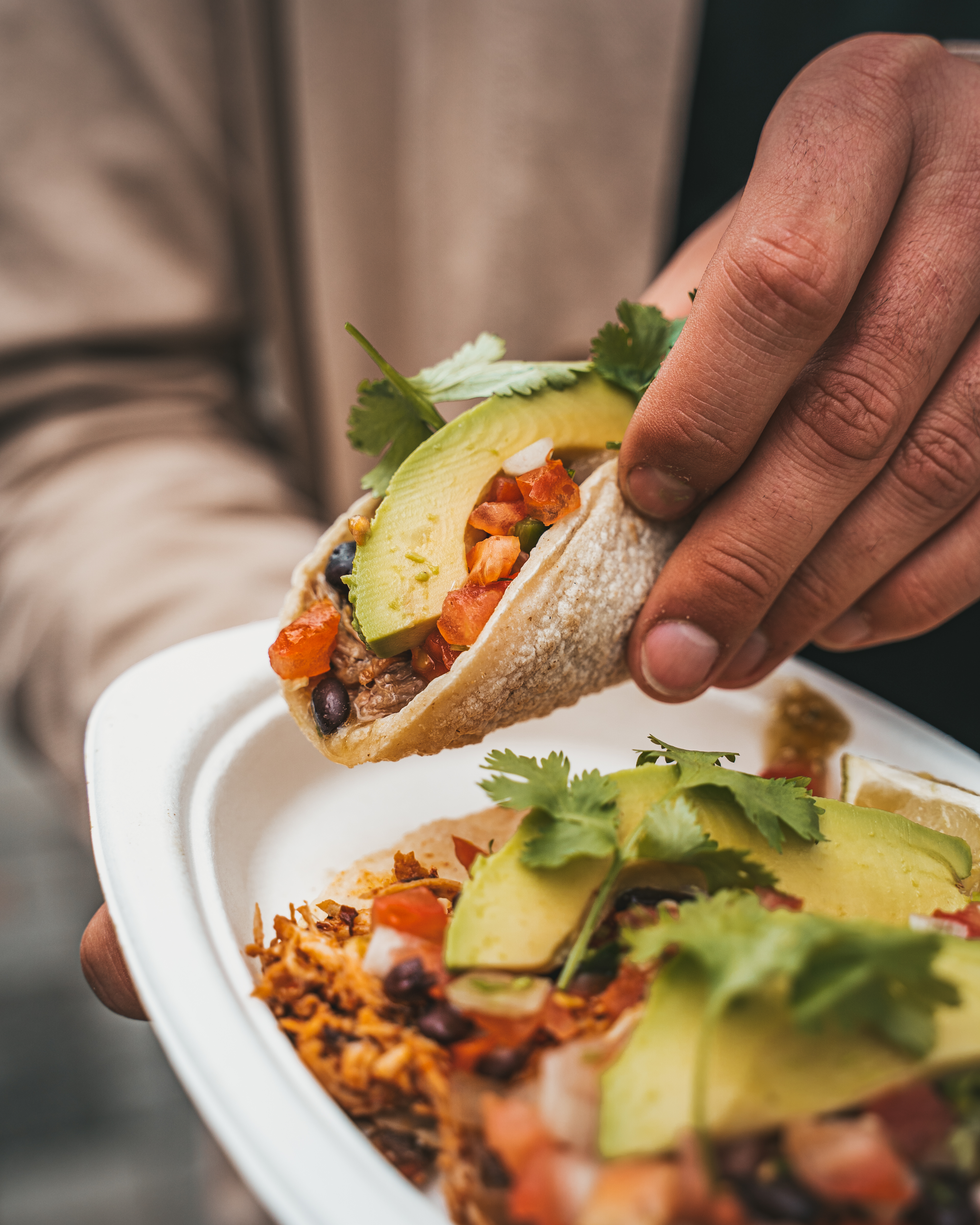 A person holding a taco filled with avocado, diced tomatoes, and cilantro over a plate, with other similar tacos visible on the plate. The food is garnished with fresh herbs, creating a colorful and appetizing scene.