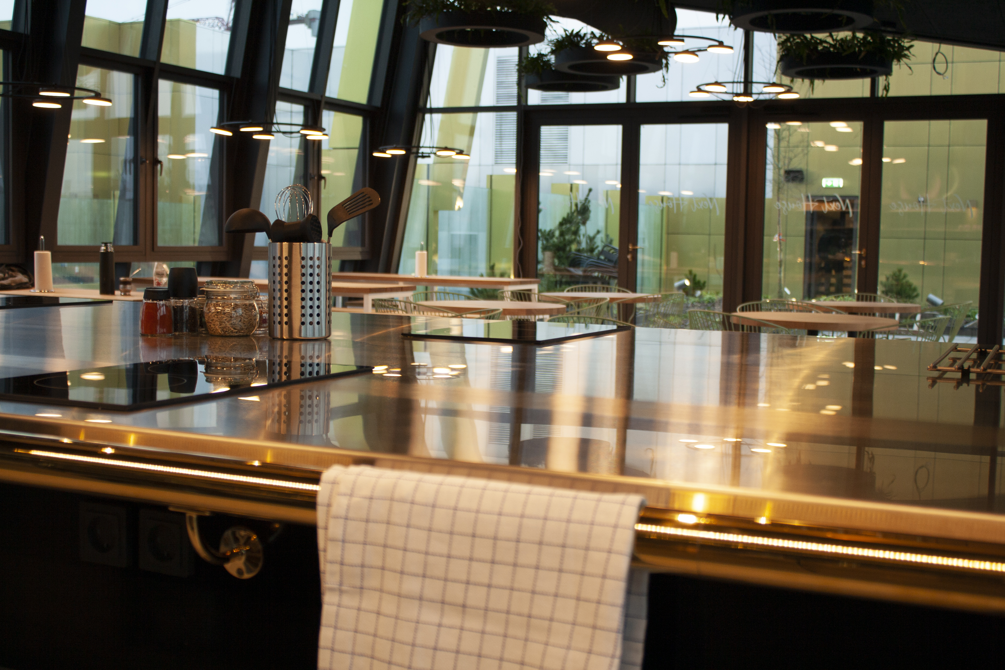 A modern kitchen with sleek countertops and a towel hanging over the edge. Kitchen utensils and a spice jar are on the counter. Large windows allow natural light to illuminate the space, with plants visible outside.